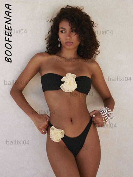 Appliques florais de moda de banho feminina Boofeenaa 3d Bikinis Sets Swimsuits Mulheres 2023 roupas de praia sexy roupas de banho preto Mulher C83-BE11 T230417