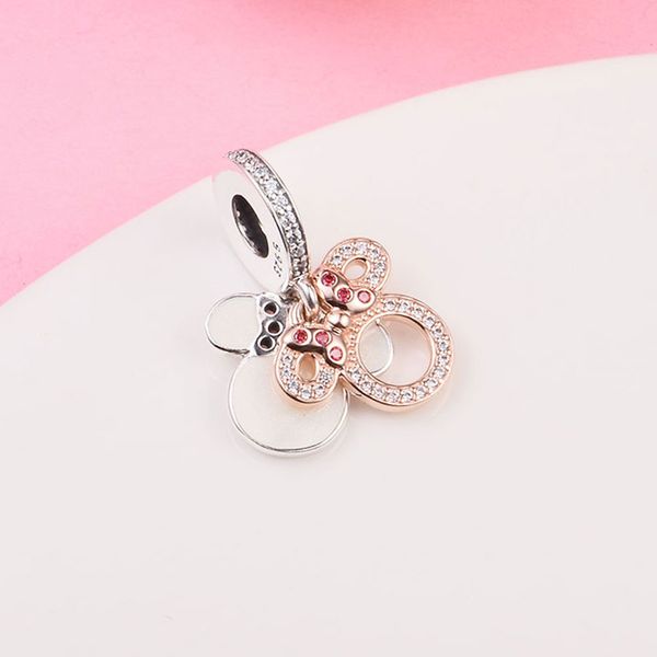 925 Sterlingsilber-Maus-Mutter-Silhouette, Doppel-Dangle-Perle, passend für Europäische Schmuck-Charm-Armbänder im Pandora-Stil