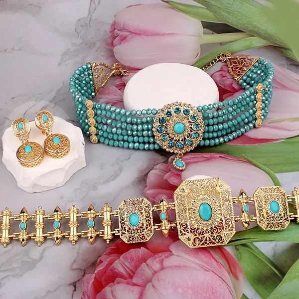 Set di gioielli da sposa marocchino alla moda pietra blu placcato oro caftano turco di lusso per le donne accessorio etnico 231116