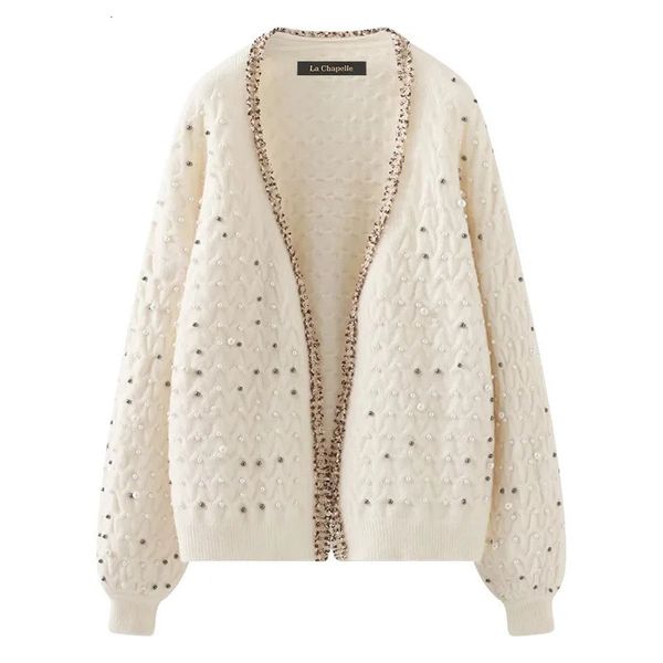 Suéteres femininos Beading Jacquard Knit Cardigan Sweater Mulheres Doce Básico Tops Outono Manga Longa Com Decote Em V Elegante Moda Senhoras Jumper 231117