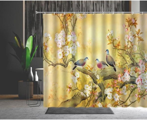 Cortina de chuveiro à prova d'água estilo chinês vermelho amarelo flores pássaro máquina lavável banheira decoração cortinas de banho com ganchos 7388346