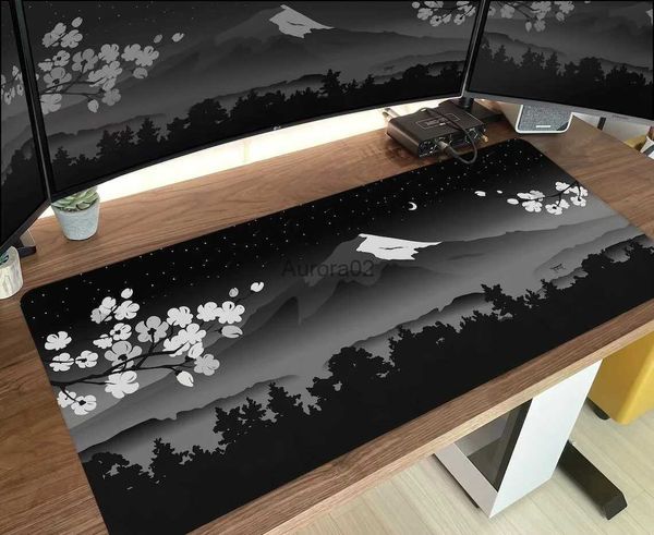 Mouse Pads Apoios de Pulso Tapete de Mesa Japonês Preto e Branco Floresta Fuji Mountain Mousepad Grande Cinza Gaming Deskmat XXL Estendido Mouse Pad Playmat Tapete YQ231117