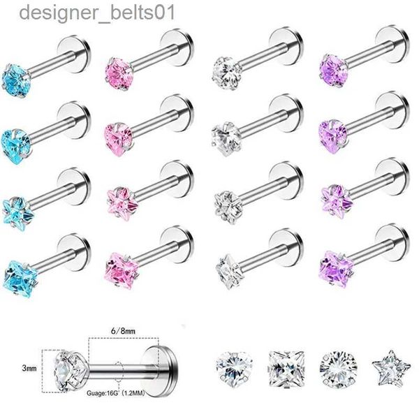 Stud 4-teiliges Herz-Kristall-Tragus-Piercing-Ohrring-Set, flaches Labret-Piercing-Set, Lippenring, Lot, Muschel-Knorpel-Bolzen, Helix-Lobe-Ohrring-Set, L231117