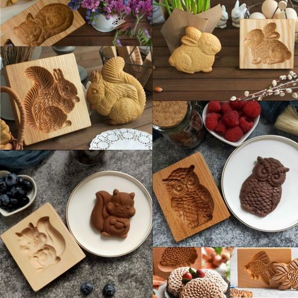 Backformen aus Holz, Lebkuchen-Ausstecher, Cartoon-Tiere, Weihnachtsmuster, 3D-Prägung, Kuchenform, Bäckerei-Gadgets