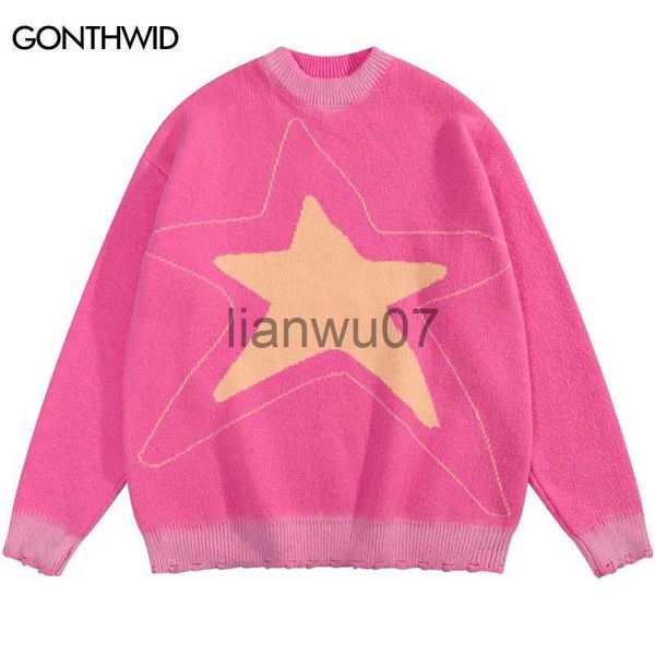 Suéteres masculinos Harajuku Star Sweater Y2K Hip Hop Malha Gráfico Rasgado Angustiado Jumper Streetwear 2023 Moda Solta Pulôver Rosa Azul Escuro J231117