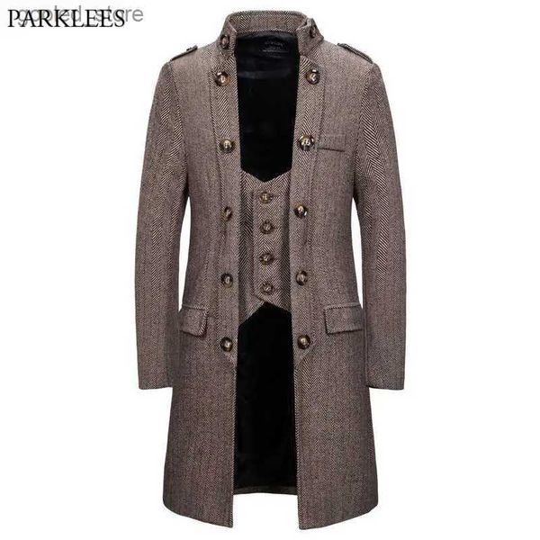 Herren-Trenchmäntel, zweireihiger Herren-Trenchcoat mit Fischgrätenmuster, Tweed-Wollmischung, langer Trenchcoat, gefälschter zweiteiliger Stehkragen, formeller Business-Windbreaker, 2XL, Q231118