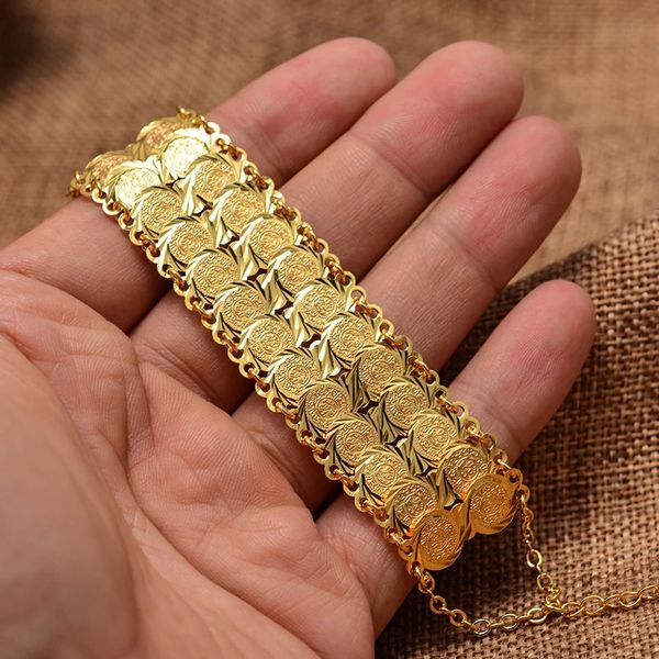 Цепочка золотого цвета, монеты, браслеты, браслет для женщин и мужчин, деньги, монеты, исламские мусульманские арабские ювелирные изделия на Ближнем Востоке, африканские подарки 231117