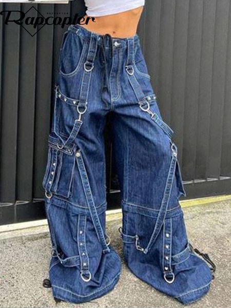 Damen Jeans Rapcopter y2k Bandage Cargo Punk Metal Blau Baggy Streetwear Hose Korean Grunge Ästhetik Stylisch Vintage 90er Jahre 231117