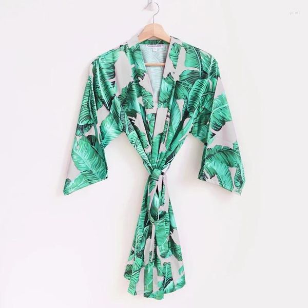 Kadın pijama yeşil palmiye yaprağı bornoz için nedime için hawaiian için gelin partisi muz tropikal saten elbiseler gelinlik