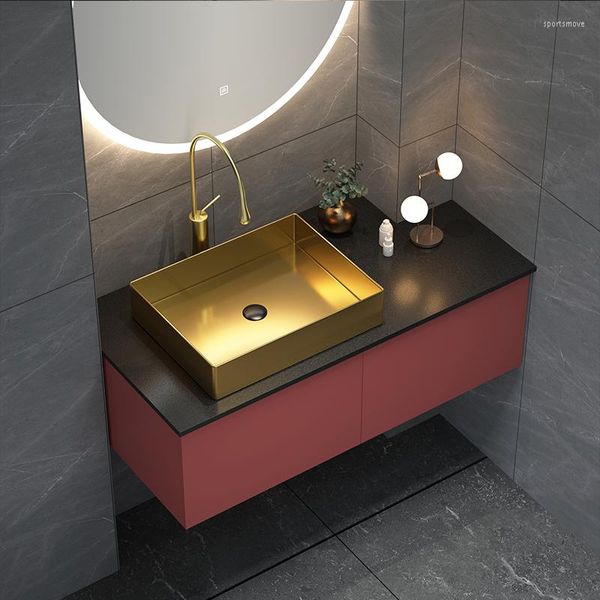 Rubinetti per lavabo da bagno Combinazione di mobili sospesi Lavabo in legno massello di lusso leggero Top in acciaio inossidabile intelligente