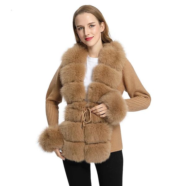 Suéteres de mujer Invierno Mujeres Corea Corta Lana Cálida Punto Real Fox Fur Trim Cardigan Suéter MJF-S-04 231117