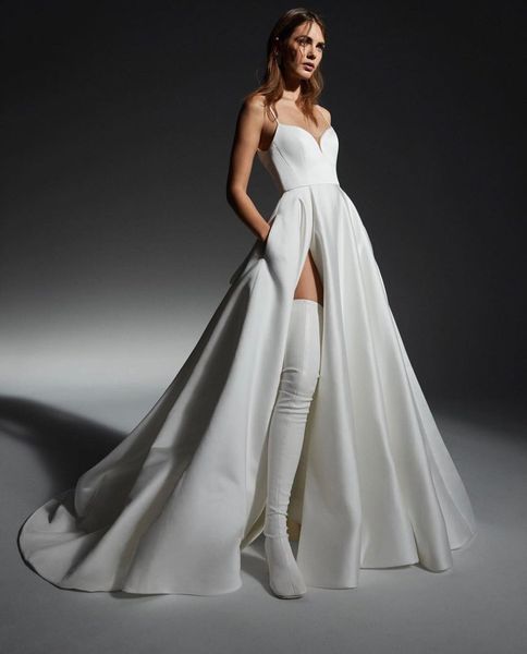 Simples plus size uma linha vestidos de casamento para mulheres cintas de espaguete cetim tafetá drapeado plissado sem costas alta divisão lateral vestidos de noiva feitos sob encomenda vestidos de noiva