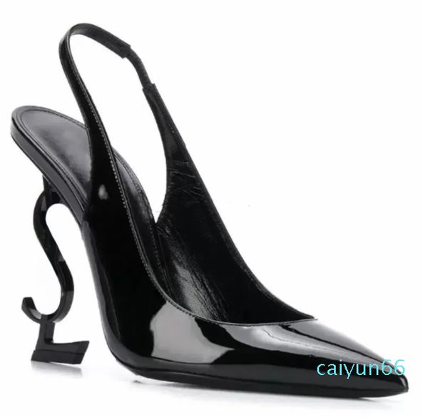 Sandali da donna di lusso slingback in vernice nera tacco sottile Blade slingback con punta quadrata sandali con fibbia in strass