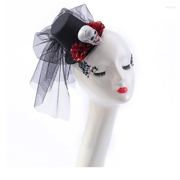 Шляпы Berets Steam Punk Mini Top Hat Women Women Fedora с черепкой для волос Clip Lolita Vintage Flowers Accessories на Хэллоуин