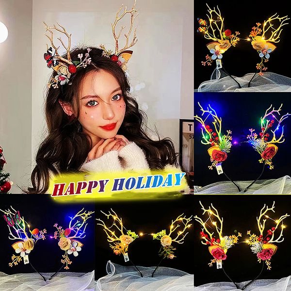 Novità illuminazione ked Deer Antler Flower Crown Fasce Rami di albero Farfalla Cosplay per Halloween Festa di nozze di Natale Costume da fata del bosco