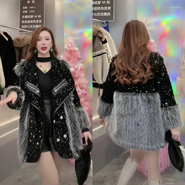 Женская кожаная европейская блестки Sotton Paded Jacket Shiny Fur Fashion 2023 онлайн-знаменитость Topeka