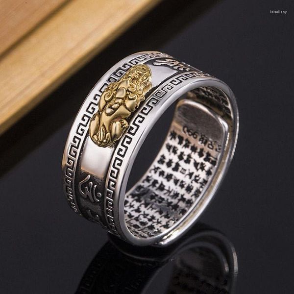 Cluster Ringe S925 Pixiu Charms Buddhistische Schriften Offener verstellbarer Ring Feng Shui Amulett Glückssegen Veränderung Reichtum Glücksschmuck