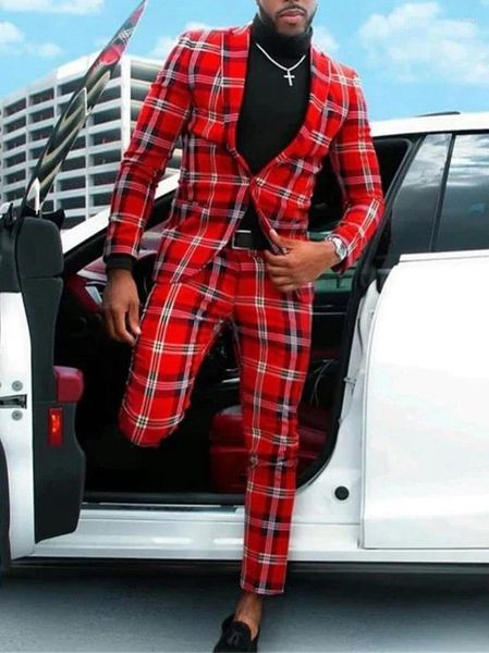 Abiti da uomo Abito da uomo Rosso Bianco Nero Blazer Pantaloni Plaid Marchi di lusso Scozia Griglia Abbigliamento da sposa maschile 2 pezzi Giacca Pantaloni Outfit