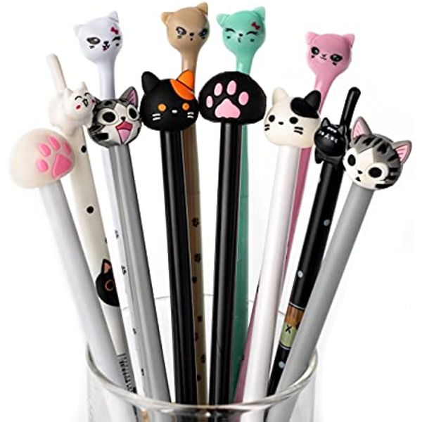 12pçs canetas de gel de gato fofas divertidas conjunto de canetas esferográficas de animais canetas de tinta preta para crianças material escolar de escritório