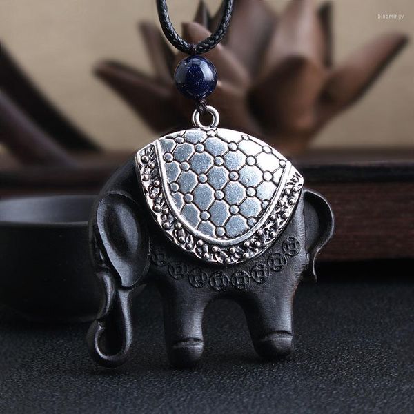 Anhänger Halsketten WEIYU Frauen Boho Tibetisch Silber Ethnische Halskette Schwarz Holz Elefant Lange Seilkette Pullover Schmuck Geschenk