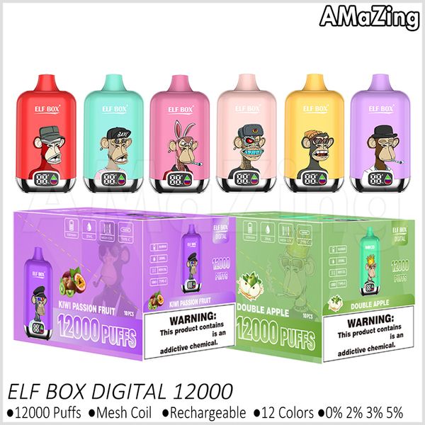 Puff 12K Einweg-Vape Authentic Elf Box Digital 12000 Puffs E-Zigaretten Mesh Coil mit Power Oil Display Wiederaufladbarer Akku 25 ml vorgefüllte Pods Verdampfer