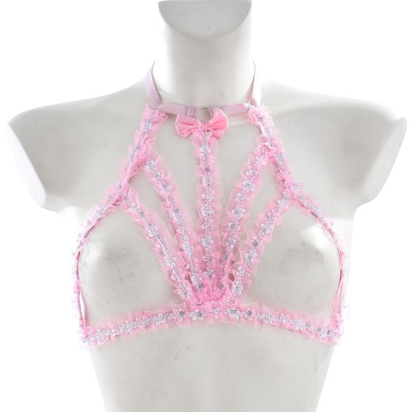 Canotte da donna Reggiseno sexy in pizzo rosa da donna Crop Top regolabile Gabbia aperta sul petto Bralette Bondage Imbracatura per il corpo Cintura per lingerie