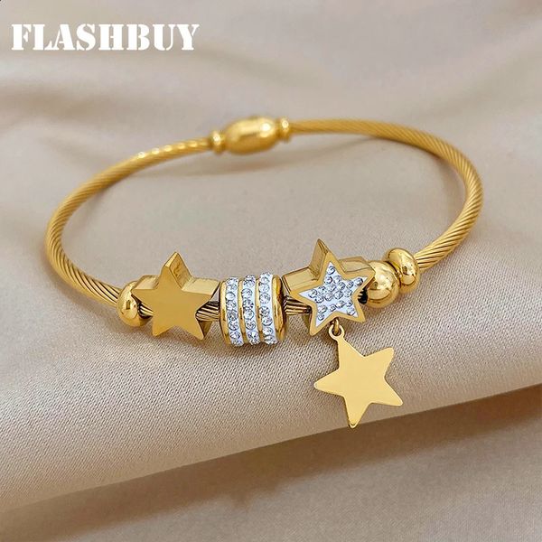 Cuff Flashbuy 316L Aço Inoxidável Cor de Ouro Estrela Strass Frisado Pulseira Mulheres Moda Meninas Ímã Fecho Cobra Cadeia Jóias 231116