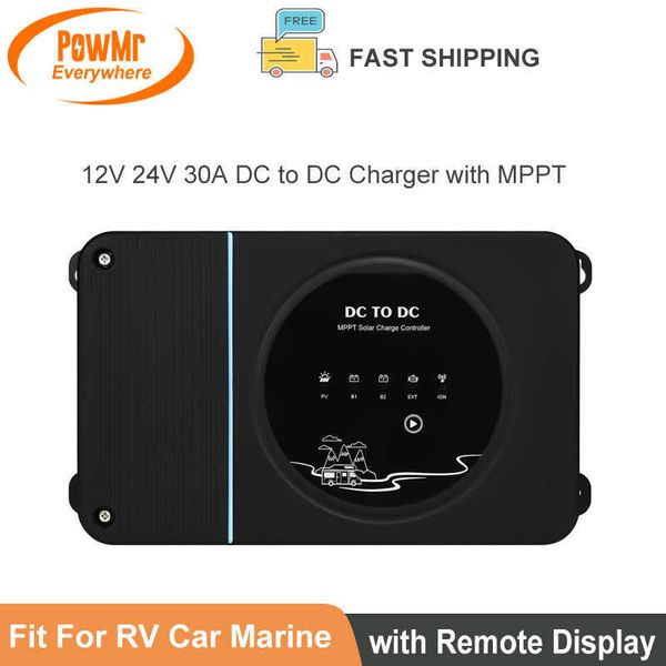 Powmr 12V 24V 30A DC para DC RV carregador com MPPT para painel solar e alternador com gel de exibição remota FLD e bateria de Li