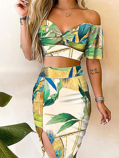 Damen Jumpsuits Strampler Eleganter Blumendruck Zweiteiler Sommer Sexy Trägerlose Crop Bluse Und Bodycon Schlitzrock Sets Damenmode