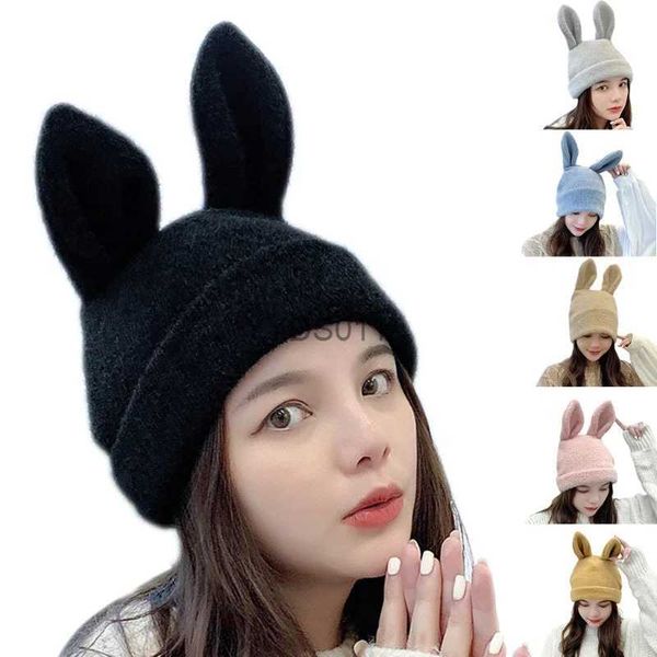 Beanie/Kafatası Kapakları Kadın Kış Örgü Beanie Hat Sevimli Tavşan Tavşan Kulakları Düz ​​Renk Açık Strips Skulies Cap Ear Isıtma Fotoğraf Props YQ231117