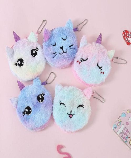 Portafoglio in peluche unicorno gatto da 10 cm Portafoglio in peluche con 5 stili Cerchio corto Portamonete con cerniera Borsa per ciondolo chiave per studente per bambini Custodia per carte Bella Ba4994887