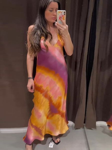 Vestidos casuais sexy tie dye backless suspensórios dres moda sem mangas rendas até longo 2023 verão chique high street vestido 230417