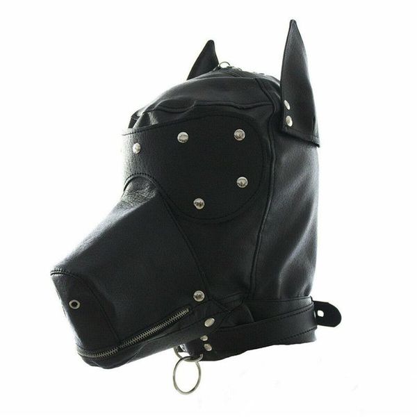 Masquerade traje cão filhote de cachorro cabeça máscara com colarinho rosto cheio capuz festa cosplay boca gag gargantilha zipado muzzel set256j