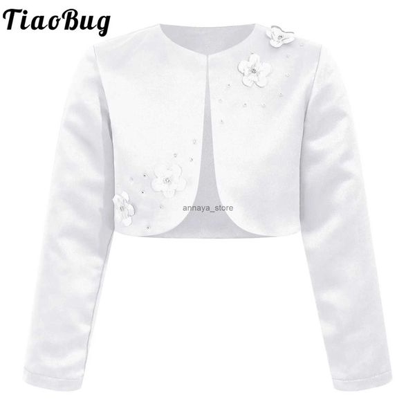 Daunenmantel für Kinder, Mädchen, Satin-Bolero-Jacken, Strass-Blume, elegante Strickjacke, lange Ärmel, vorne offen, Achselzucken, Umhang, Hochzeit, Party, Kleid, OutwearL23116