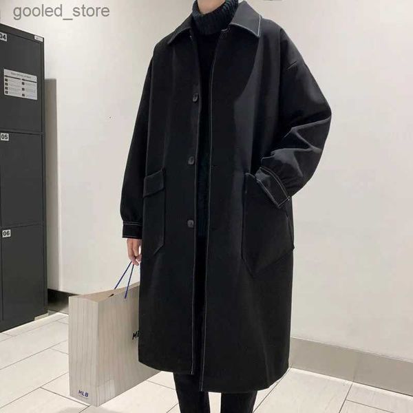 Trench Coats Masculinos Outono Preto Trench Coat Moda Casual Casaco Longo Homens Streetwear Coreano Solto Oversize Windbreaker Jacket Mens Overcoat Q231118