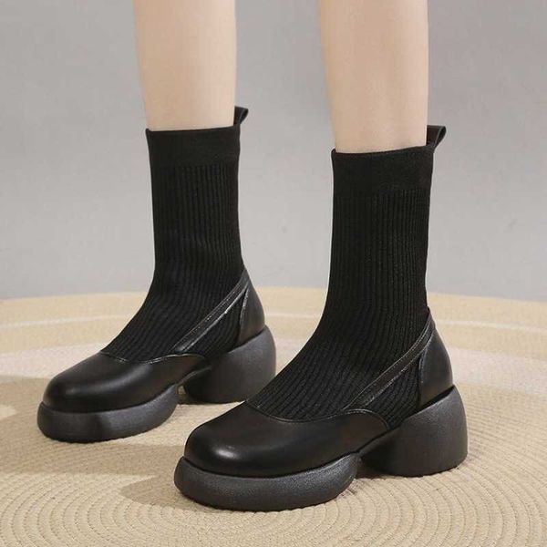 Inverno botas sola grossa elástica martin feminino couro genuíno lã esponja meias finas novo outono inverno salto alto curto