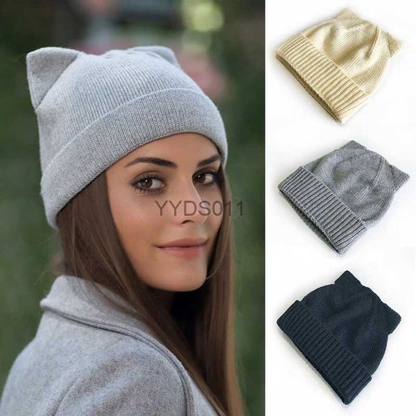 Beanie/Kafatası Kapakları Güzel Sıcak Kış Sonbahar Beanie Sevimli Kedi Kulak Örme Şapka Kadınlar İçin Lady Yumuşak Tığ başörtüsü Beanies Casual Düz Renk Kapı YQ231117