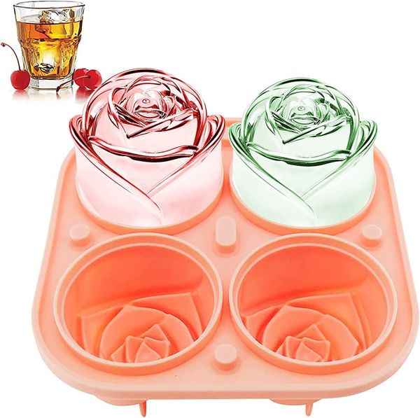 Ferramentas de sorvete 3D Moldes de gelo de rosa 2,5 polegadas grandes bandejas de cubo de gelo fazem 4 gigante fofo formato de flor foge gelo silicone Diverty grande fabricante de bolas de gelo 230417