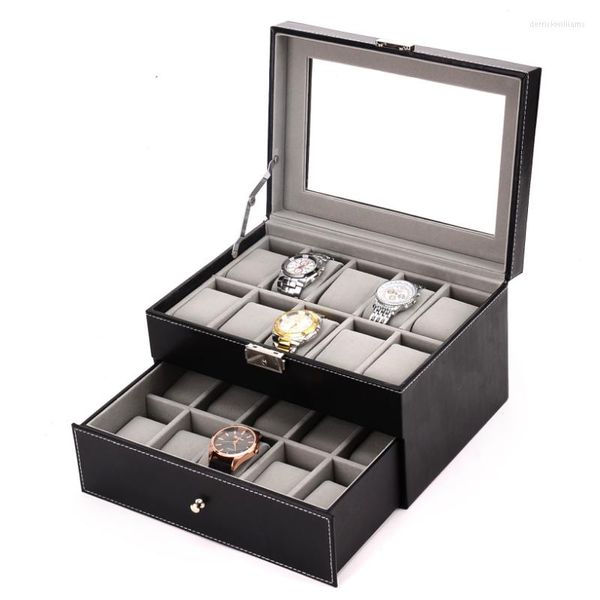 Uhrenboxen Luxus Pu-Leder 2/3/6/10/12/20/24 Grid Aufbewahrungsbox Schmuck Display Das Geschenk