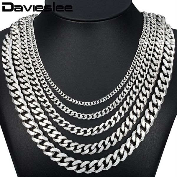 Davieslee 60cm corrente masculina cor prata colar de aço inoxidável para homens meio-fio cubano link hip hop jóias 3 5 7 9 11mm dlknm07258c