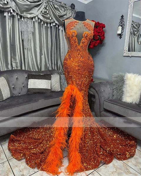 Echte Fotos Luxus Orange Prom Kleider 2024 Für Schwarze Mädchen Perlen Federn Party Kleid Hohe Schlitz Abendkleider Robes De soiree