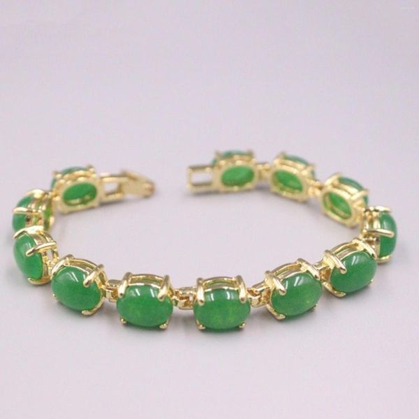 Braccialetti a maglie Bracciale in vera giada Gp placcato oro 18 carati per le donne Zircone lucido Gioielli riscaldanti Lega di giadeite verde 18,5 cm L