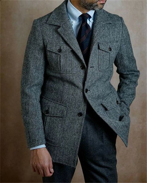 Ternos masculinos blazers vintage negócios masculino fino ajuste tweed espinha de peixe smoking noivo para casamento notch lapela jaqueta masculino blazer 231116