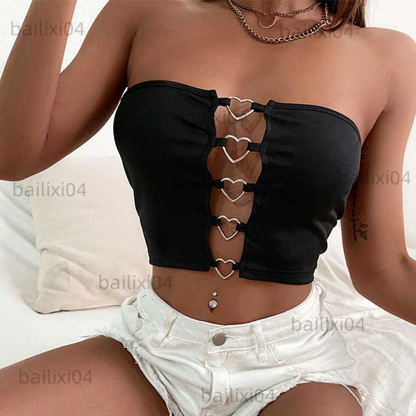 Tanques femininos camis peito envolvente ponto aberto único peito camisola sexy retalhos sólido shirring colheita topo sem mangas sem costas preto colete menina t230417