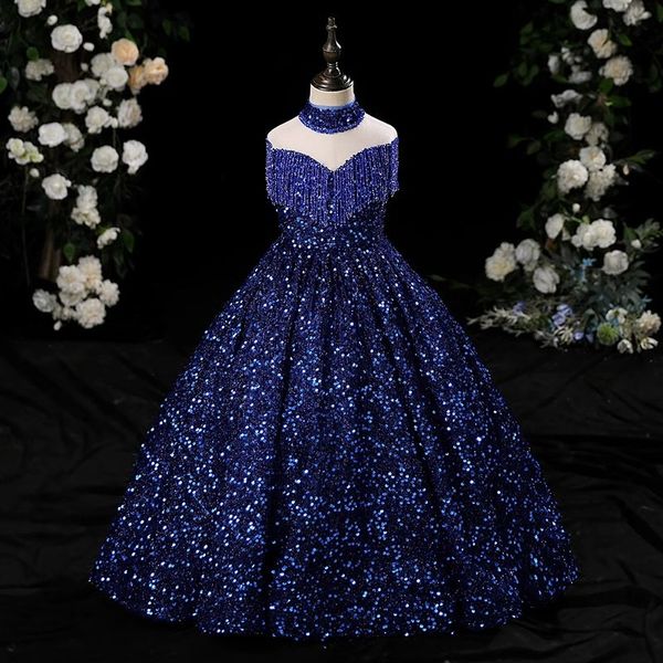 Lange glänzende blaue Blume Fuchsia 3d Blumen Prinzessin Party Ballkleid formelle Hochzeitsfestigkeit Kleider Kleinkind Girl Kinder Geburtstag Brautjungfern Kleid 403