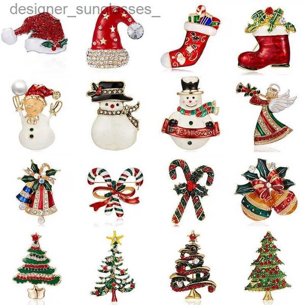 Pins broches ano novo broche de natal para mulheres moda boneco de neve papai noel árvore veado sino chapéu strass esmalte bonito jóias crianças presentesl231117