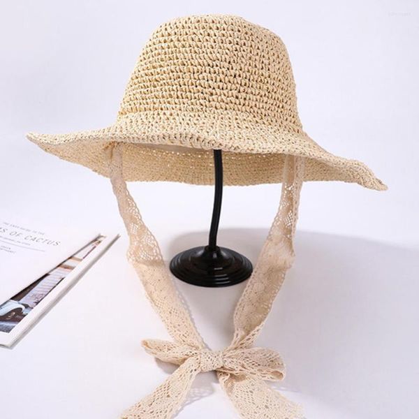 Cappelli a tesa larga Cappello da sole anti-UV per donna Cravatta estiva pieghevole in pizzo di paglia lavorata all'uncinetto Grande spiaggia