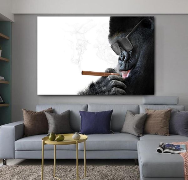 Macaco fumar cartazes preto e branco pintura de parede para sala estar decoração casa animal lona fotos sem moldura8827335