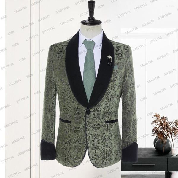 Herrenanzüge 2023 Männer Formal Slim Fit Smoking Anzug Grün Klassischer Druck Schwarzer Samt Revers Männlicher Bräutigam Hochwertiges Kleid Jacke Blazer Mantel