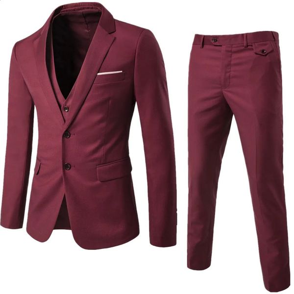 Herrenanzüge, Blazer, Weinrot, Hochzeitsanzug, 3-teiliges Set, Herren-Bräutigamkleidung, Smoking, formeller Business-Anzug für Herren, Blazer, Jacke, Hose, Weste, Trauzeugen 231116